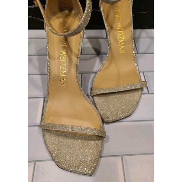 Stuart Weitzman Nudistcurve Ankle Strap Platino Glitter Sandals Heels | 8½ EUC - Picture 4 of 12